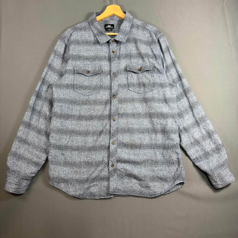 O'Neill Mens XL Striped Button Up Shirt Heather Gray Long Sleeve Cotton Casual
